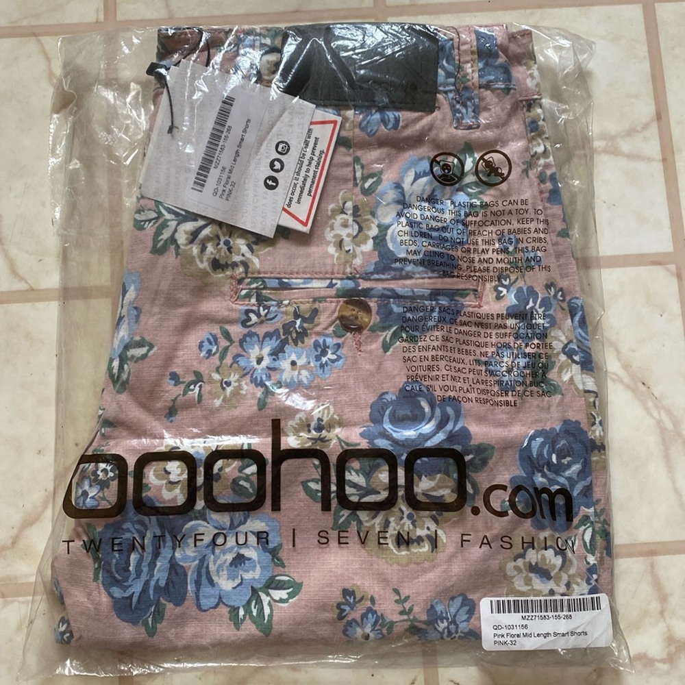 Mens Pink Shorts with Blue Flowers